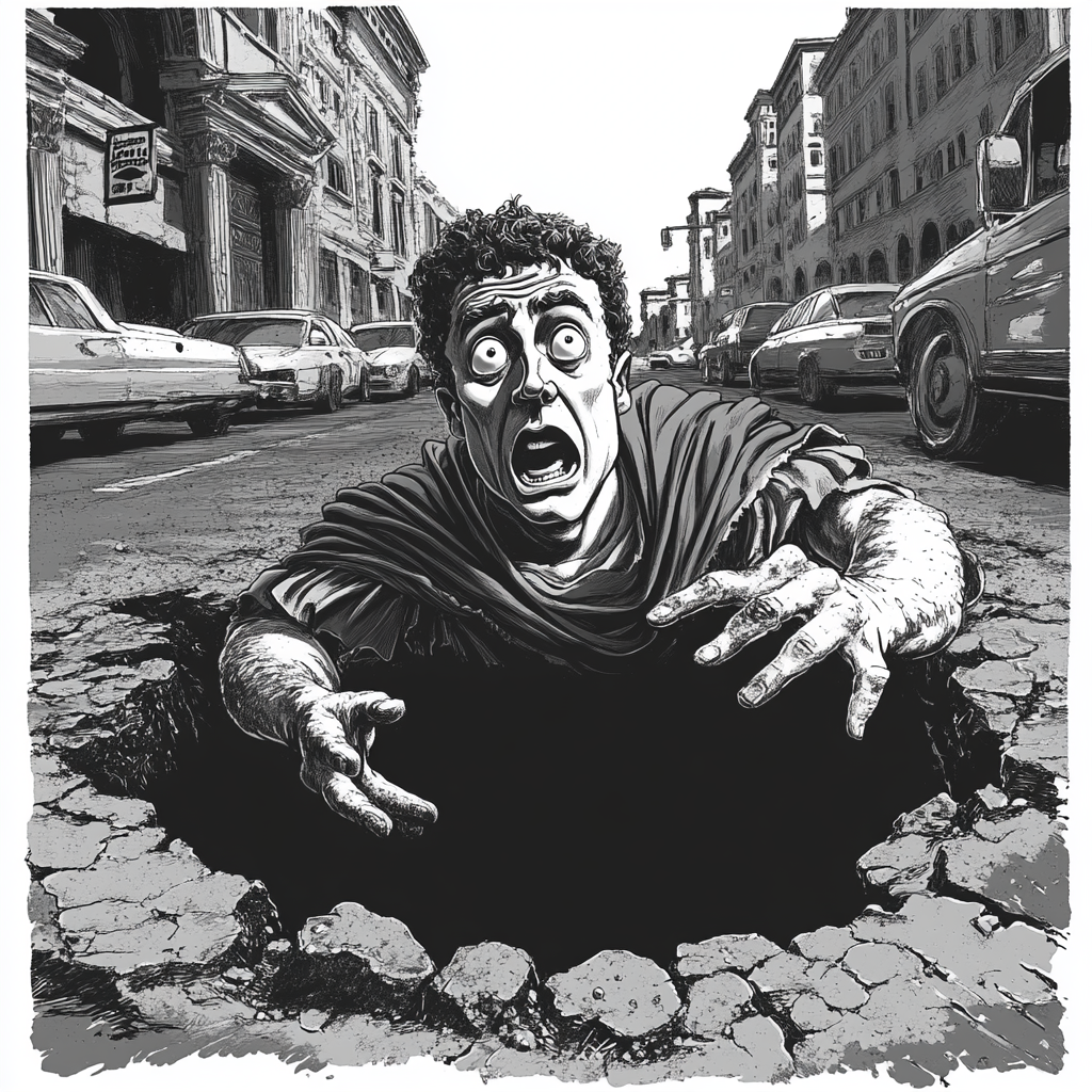 Julius Caesar in toga in pothole in Rome