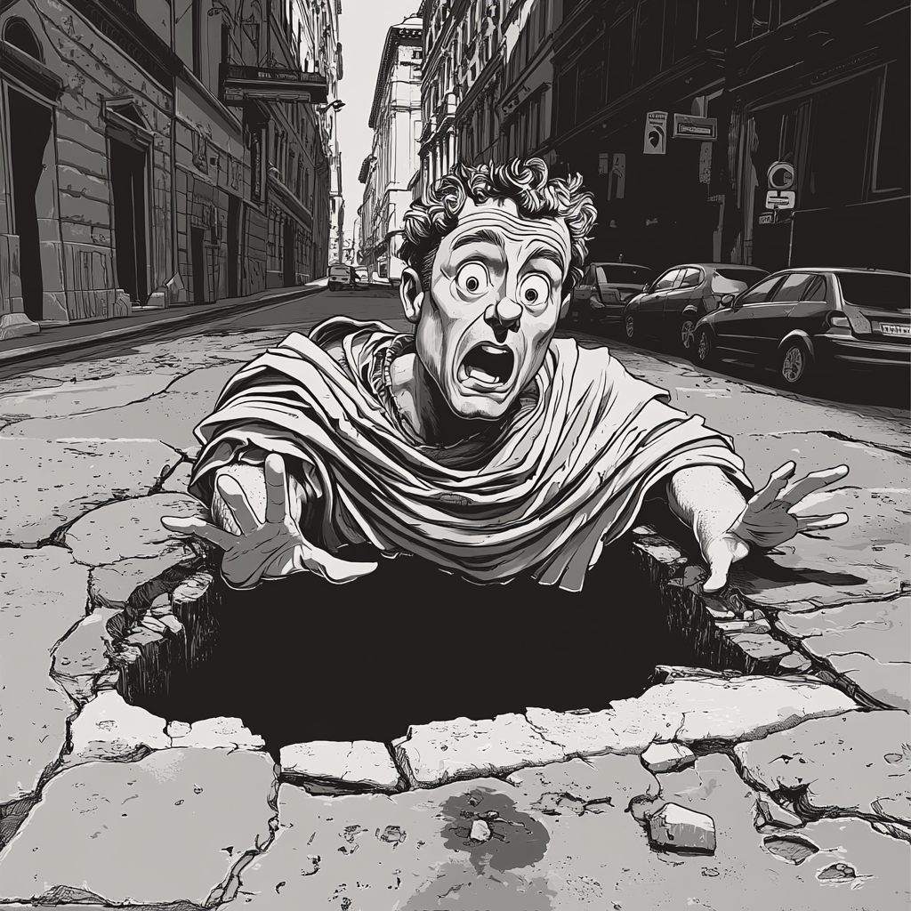 Julius Caesar in toga peeking out from pothole