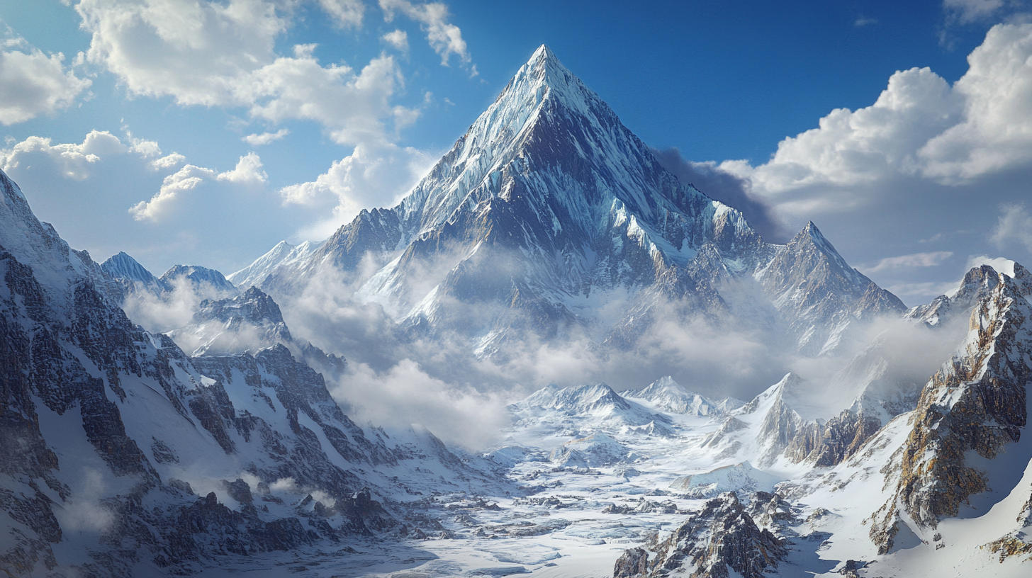 K2 Mountain, towering peaks, swirling clouds, blue sky, snow.