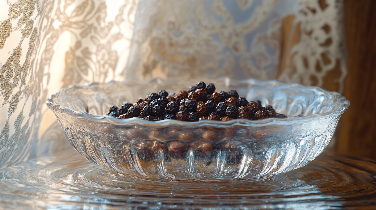 Kampot Peppercorns Floating in Sunlit Water Bowl