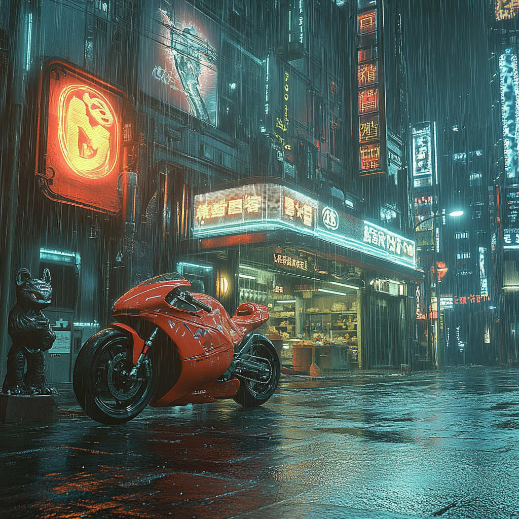 Kaneda's motorcycle outside cyberpunk ramen shop with tanuki statue.