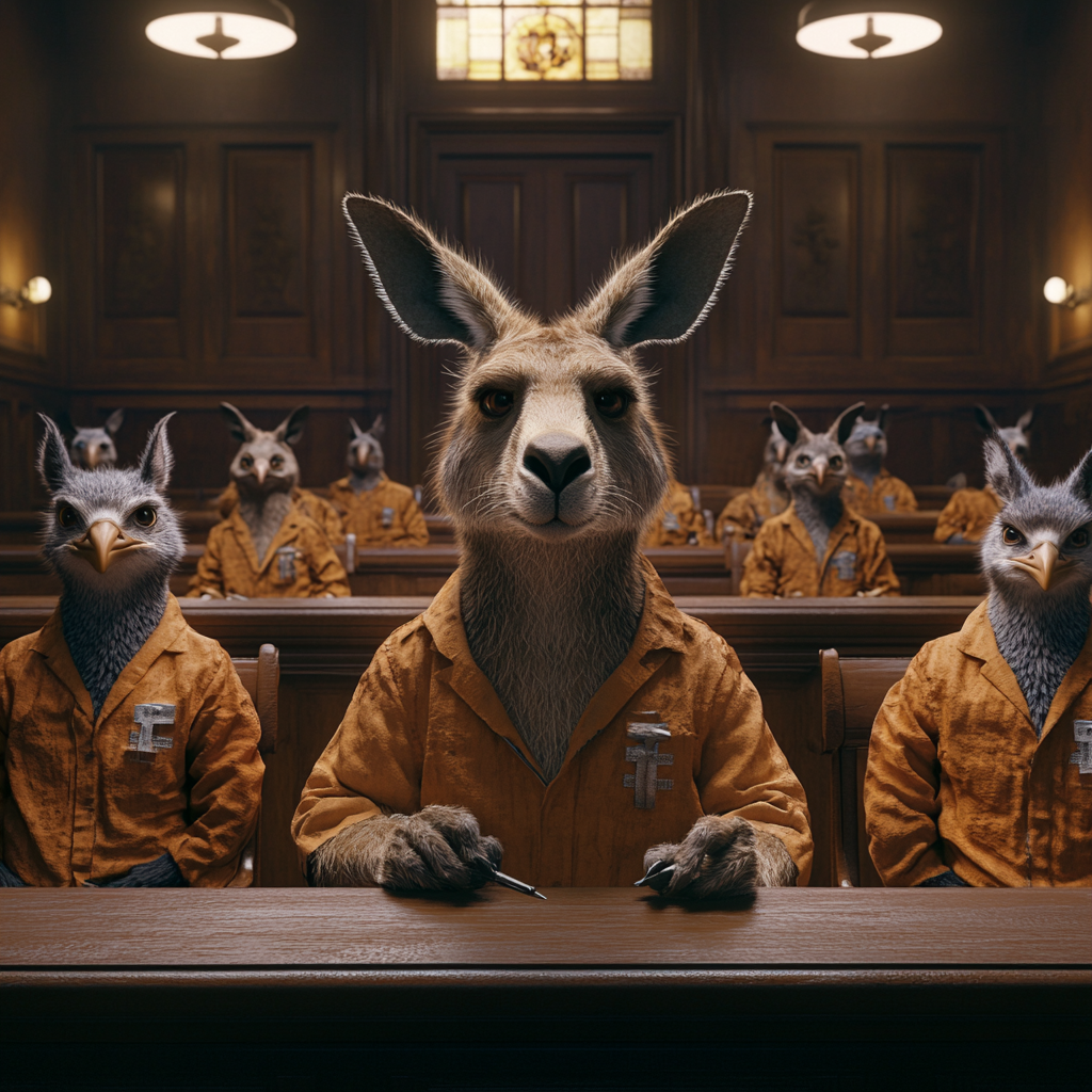 Kangaroo judge and lawyers, bird defendants in jumpsuits.