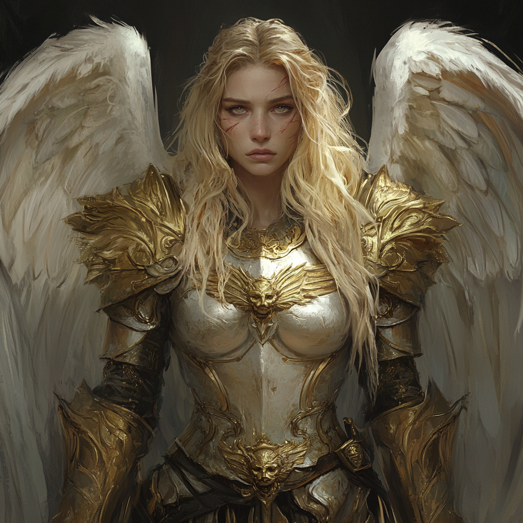 Kate Winslet lookalike Archangel in golden lioness armor