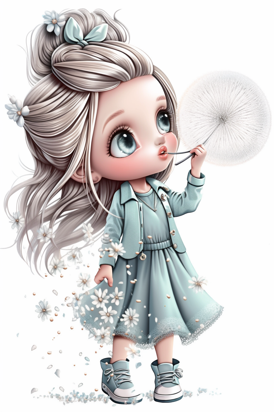 Kawaii Chibi Girl Blowing Dandelion in Silver Suit