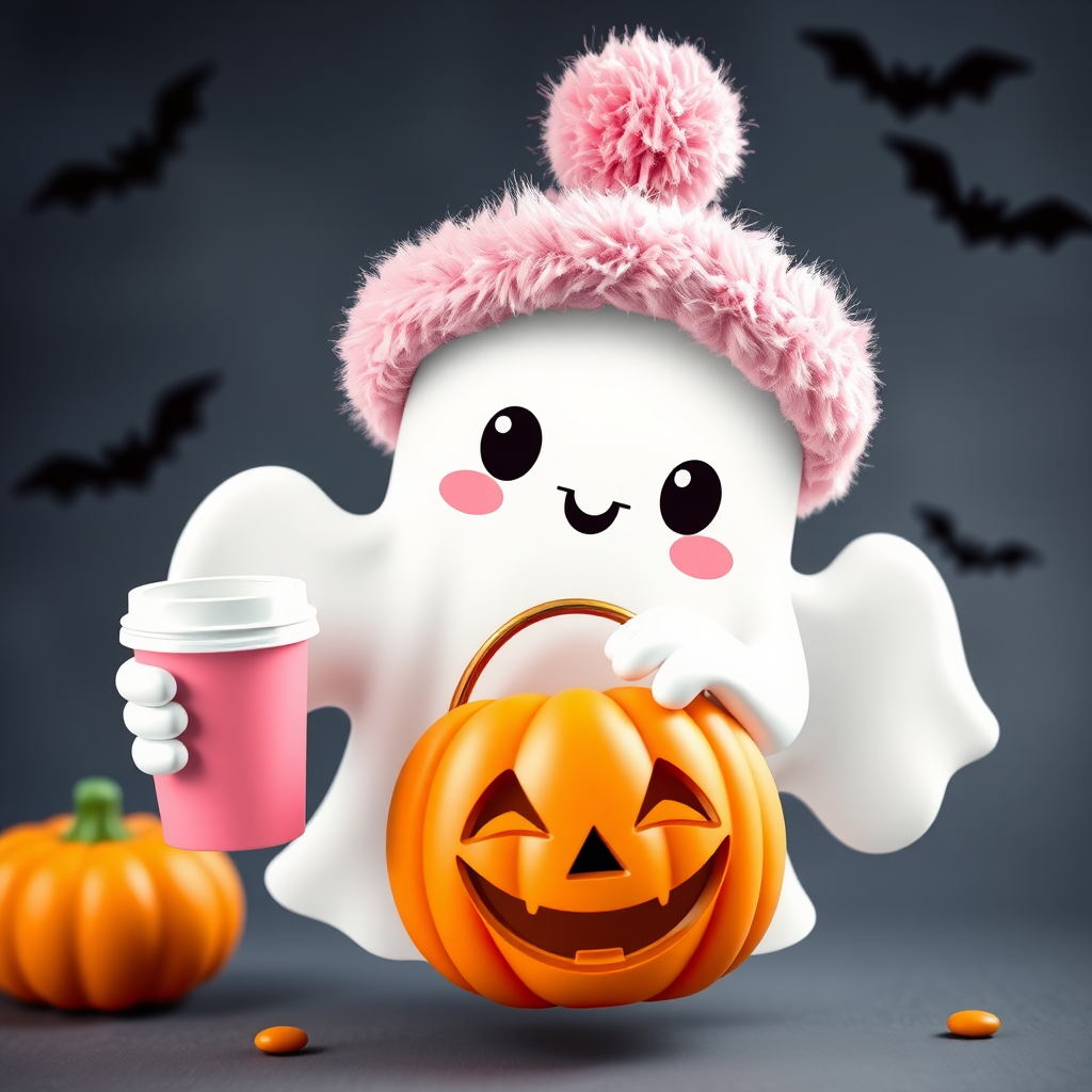 Kawaii Ghost with Stanley Cup & Pumpkin Bucket