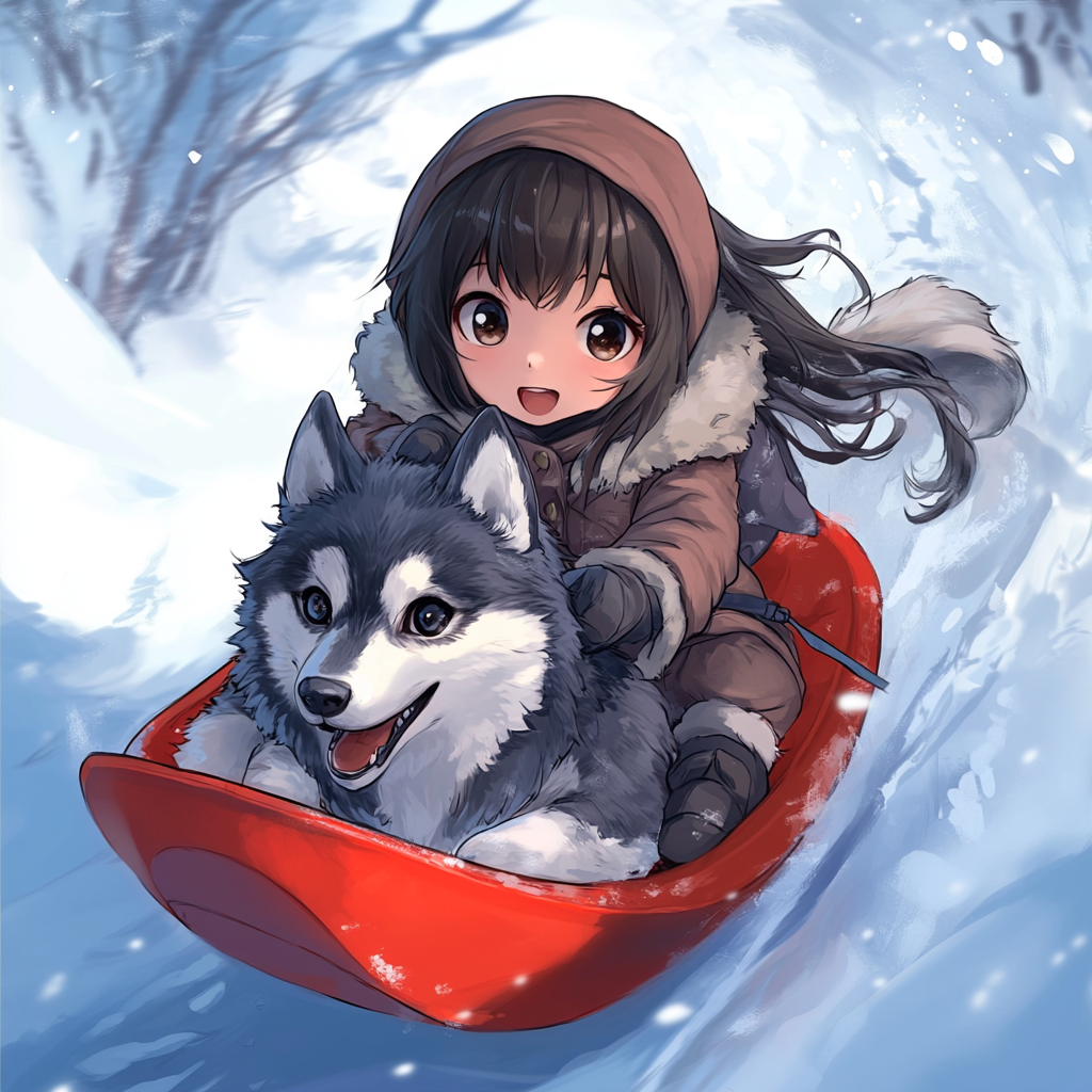 Kawaii drawing of girl in snowsuit sledding with husky.