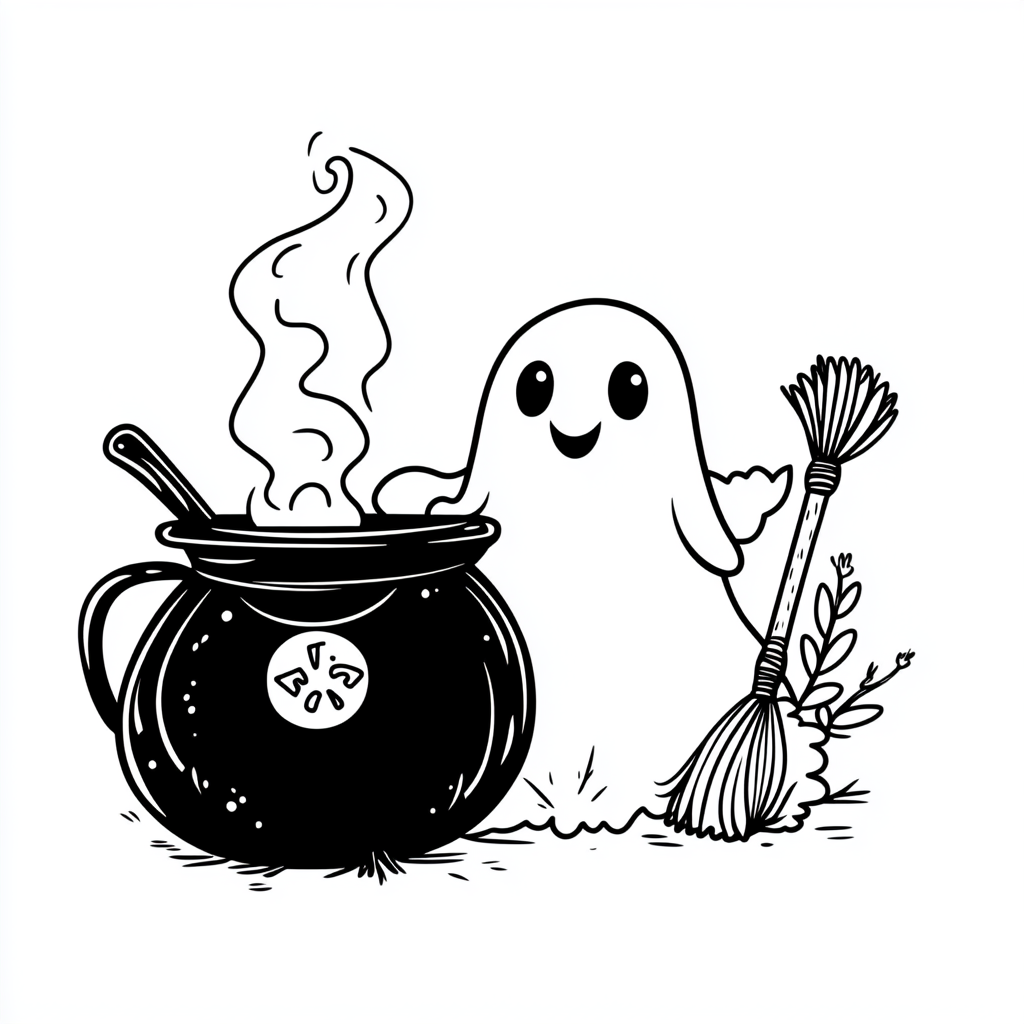 Kawaii ghost next to cauldron with broomstick.