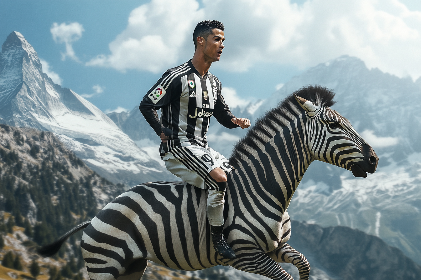 Kenan Yildiz in Juventus Uniform Riding Zebra in Swiss Alps