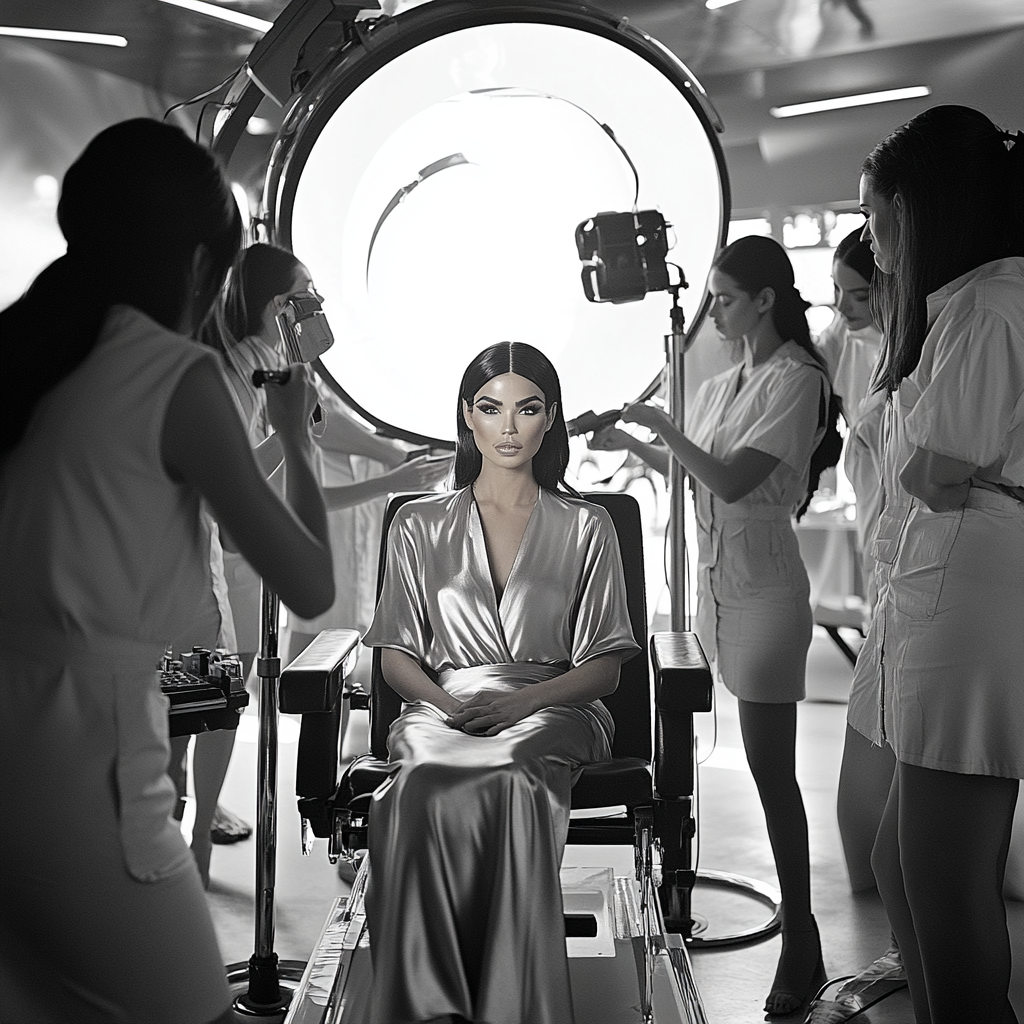 Kendall Jenner getting makeup and hair done on TV.