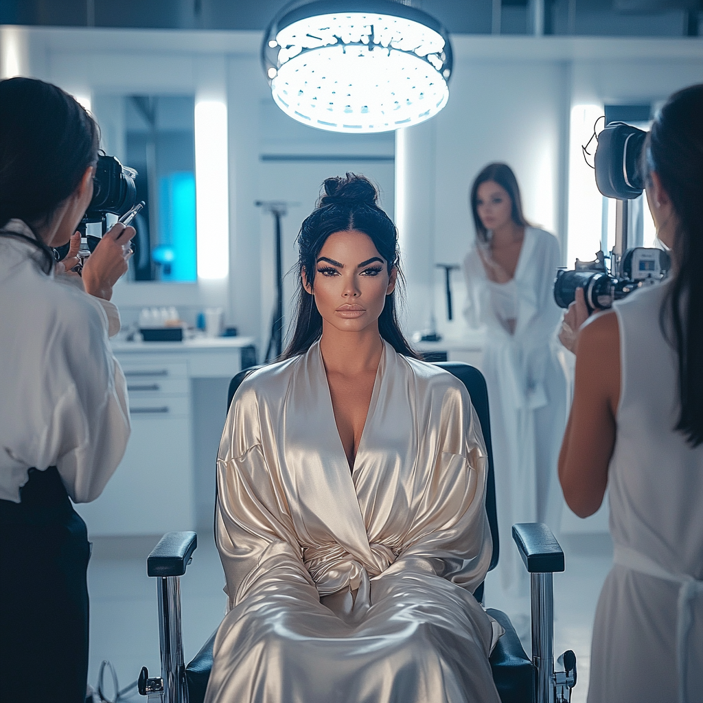 Kendall Jenner in silk robe on TV set.