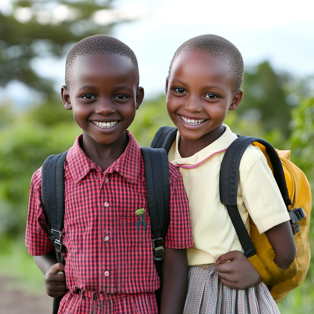 Kenyan school children in uniform, smiling with backpack 