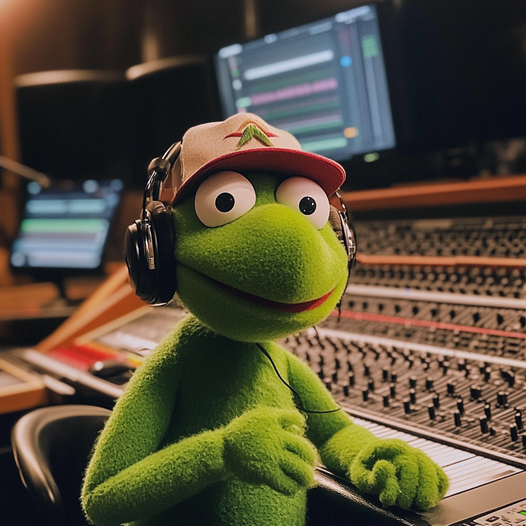 Kermit at the rap studio as producer vibes.