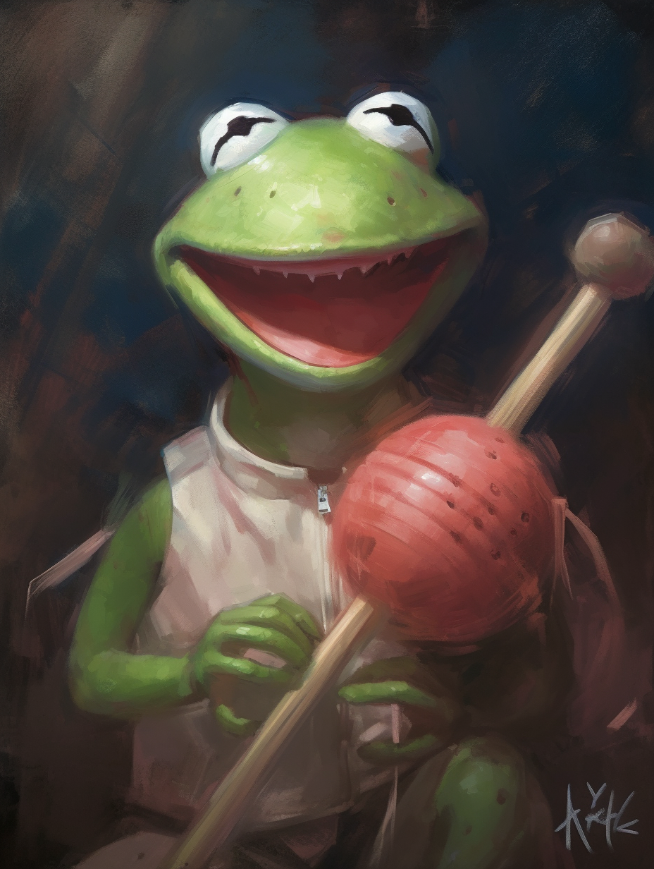 Kermit the Frog happily holds watermelons in painting.