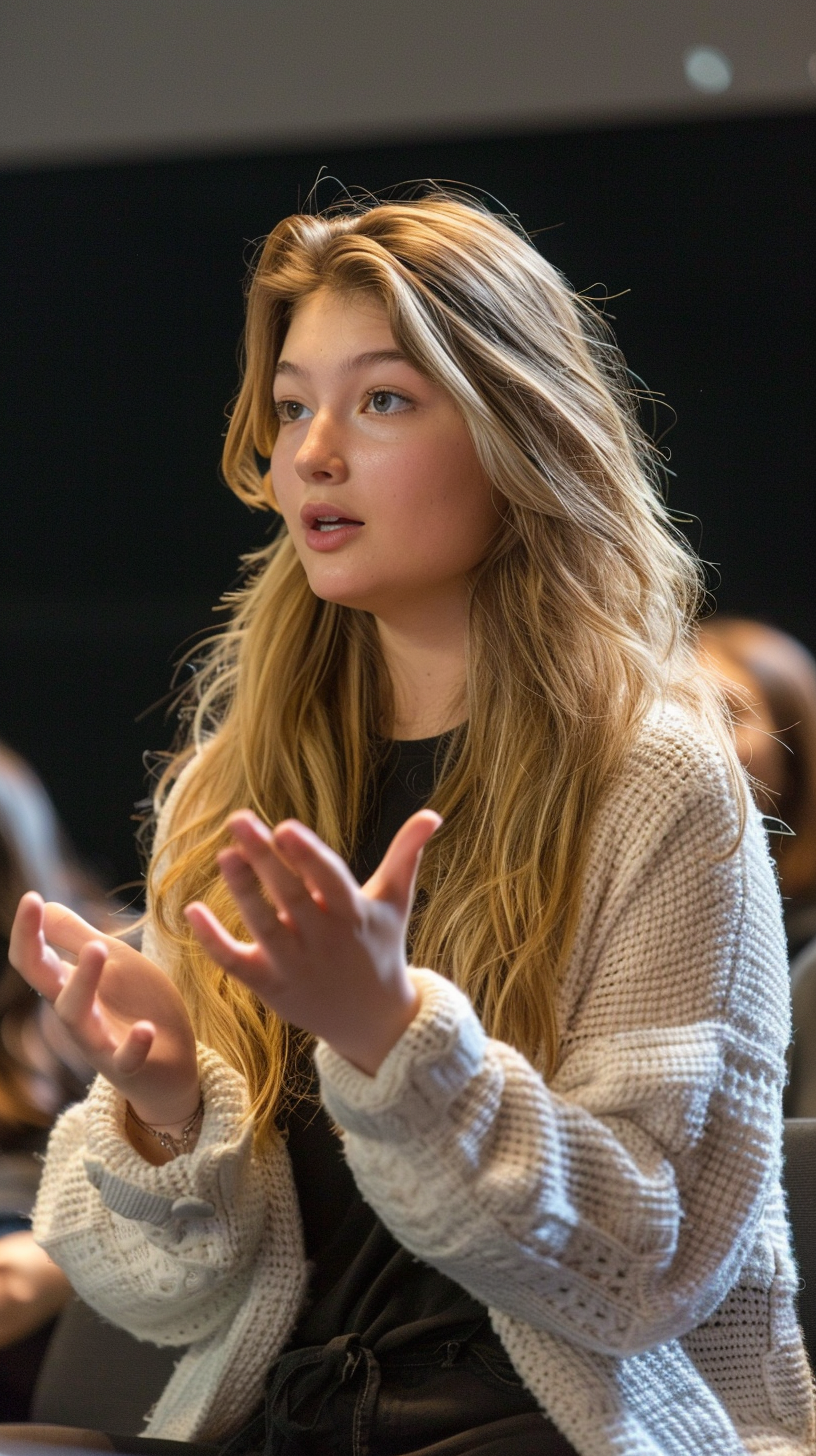 Keyword-rich Plus Size 28-Year-Old Woman Speaking to Students in Theater