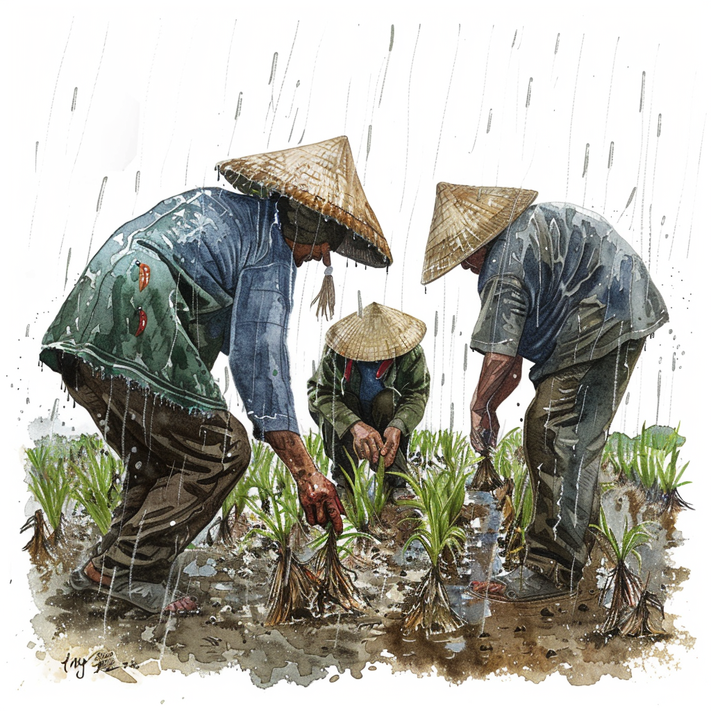 Khasi farmers planting paddy seedlings in rain