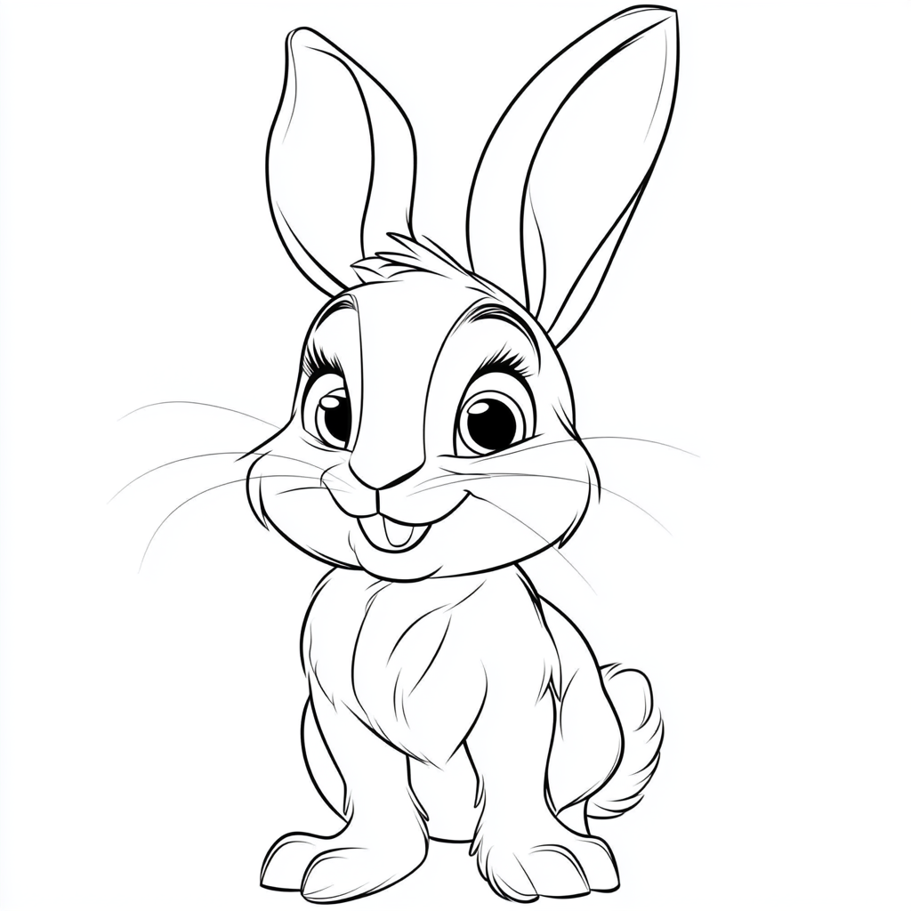 Kid's coloring page, cute rabbit in Disney style.