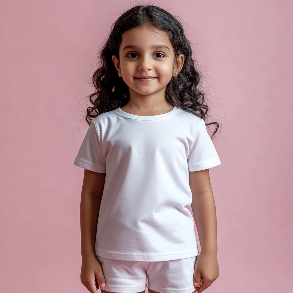 Kid's white t-shirt and shorts mockup on girl.