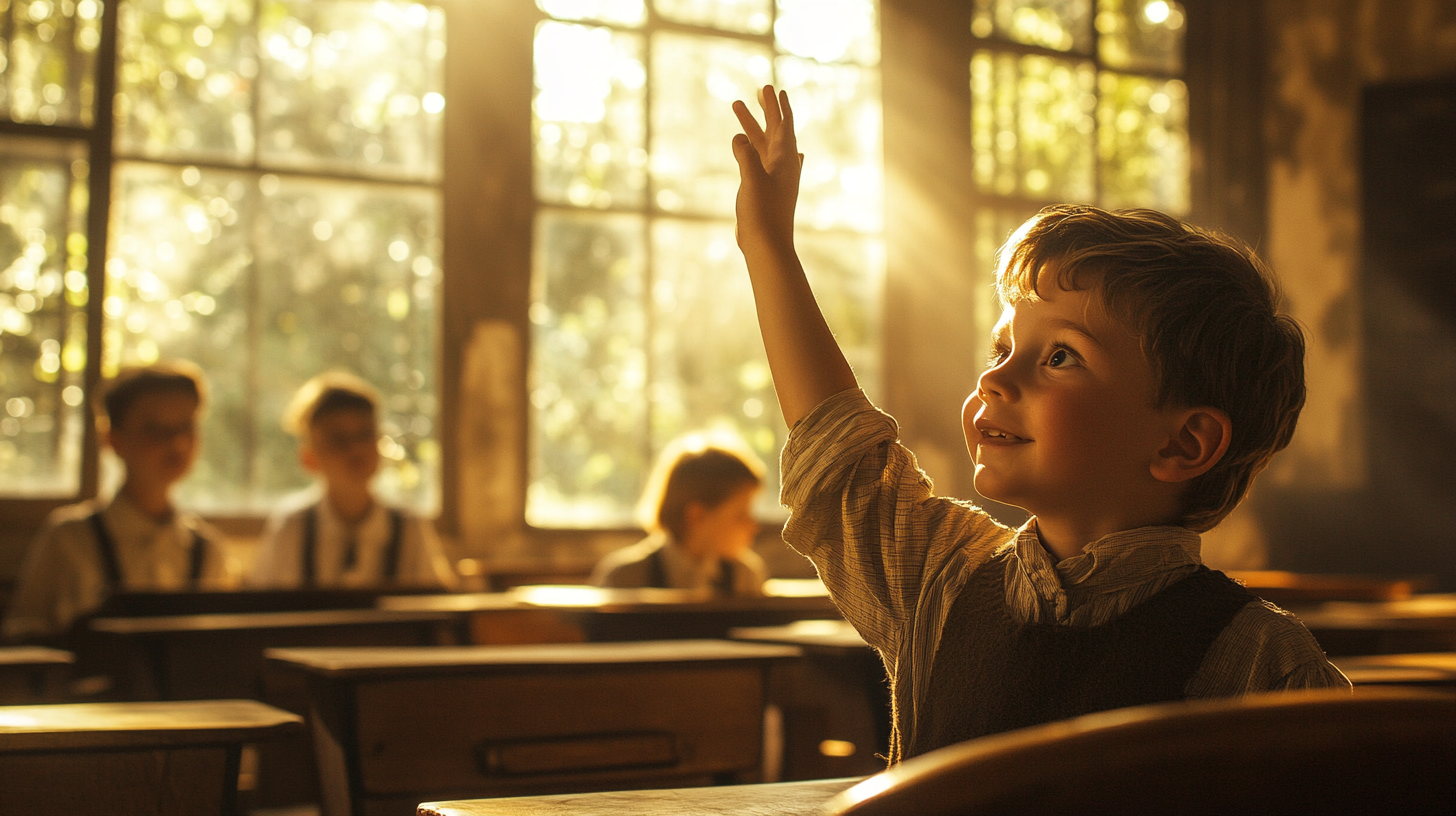 Kid eagerly raising hand in vintage 1950s classroom.