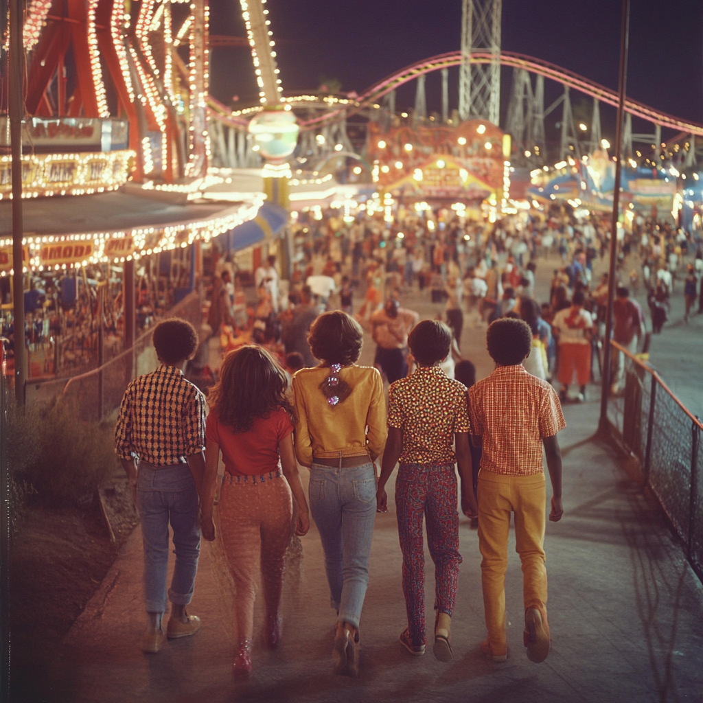 Kids Enter 70s Amusement Park at Night