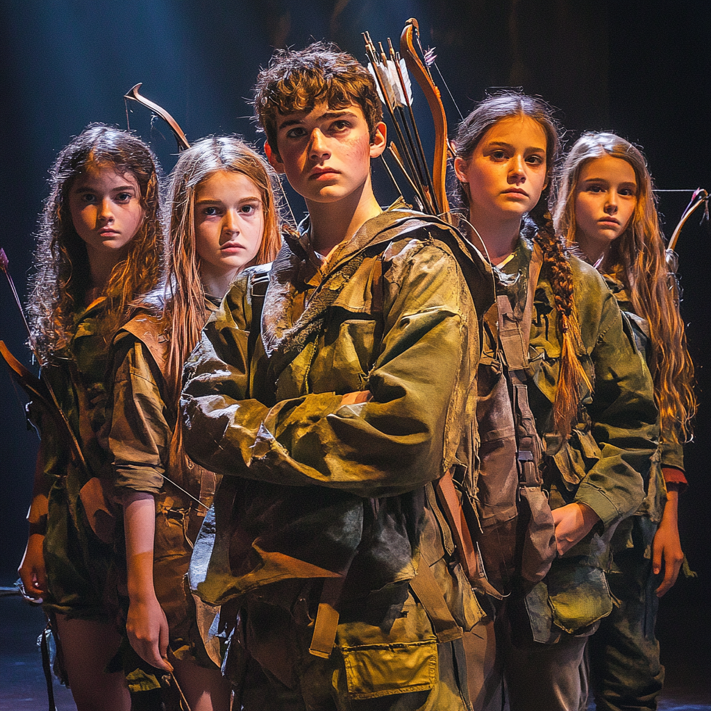 Kids and teens in futuristic Robin Hood play.