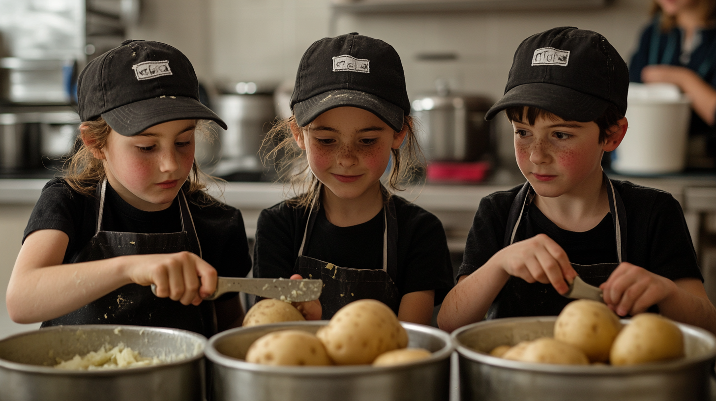 Kids in aprons and caps peeling potatoes in school.