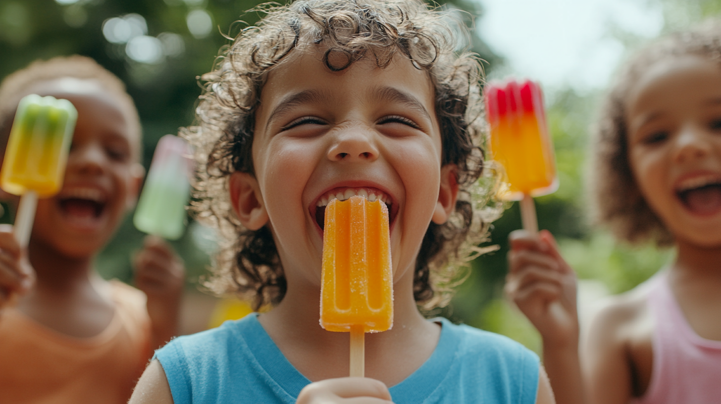 Kids of different races enjoying colorful ice lollies.