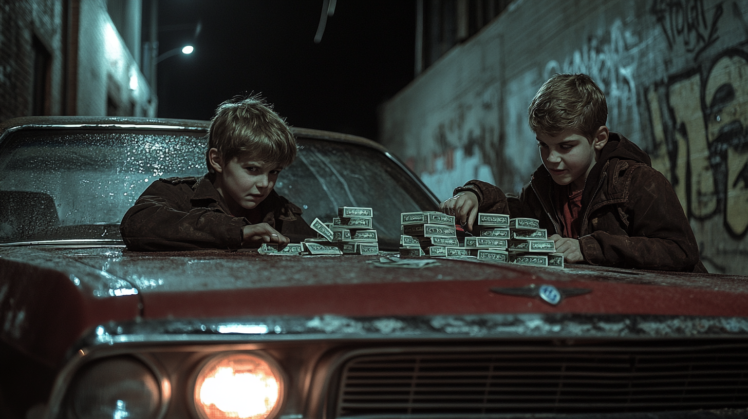 Kids play jacks with cash and cigarettes on car.