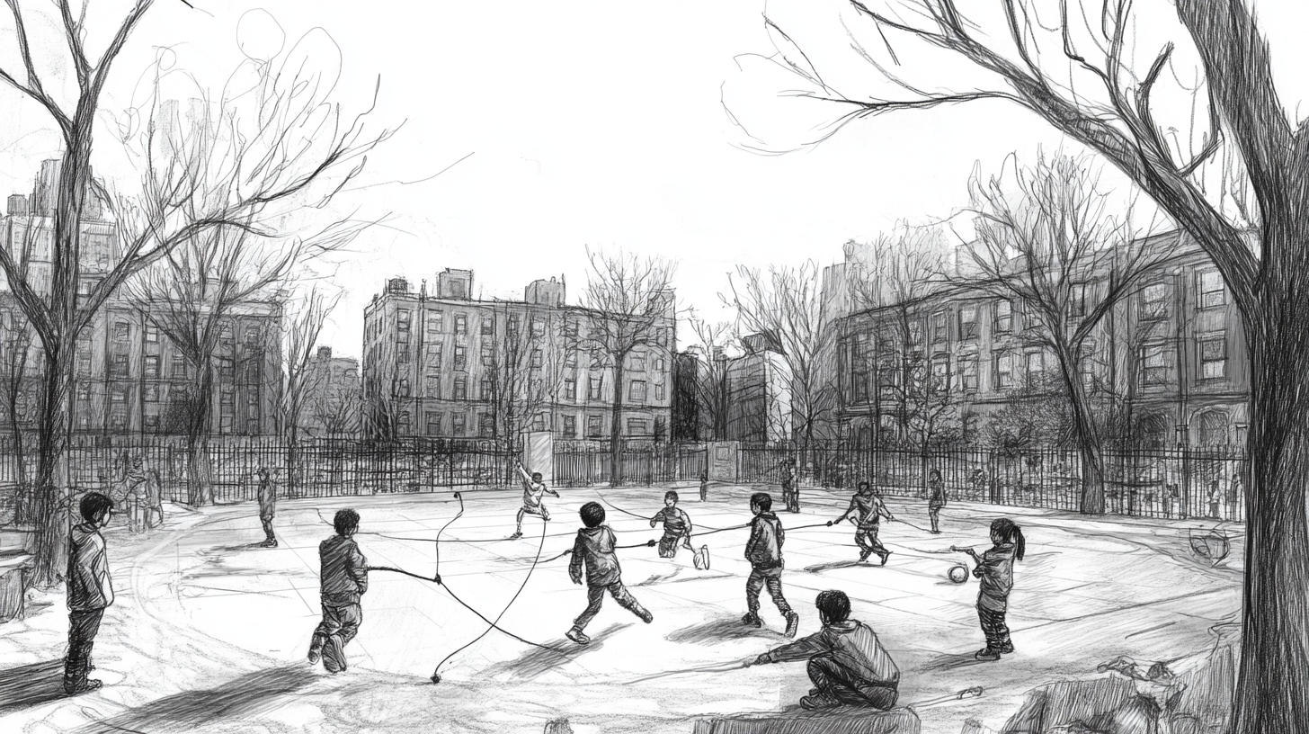 Storyboard Illustration of Kids playing in city backdrop