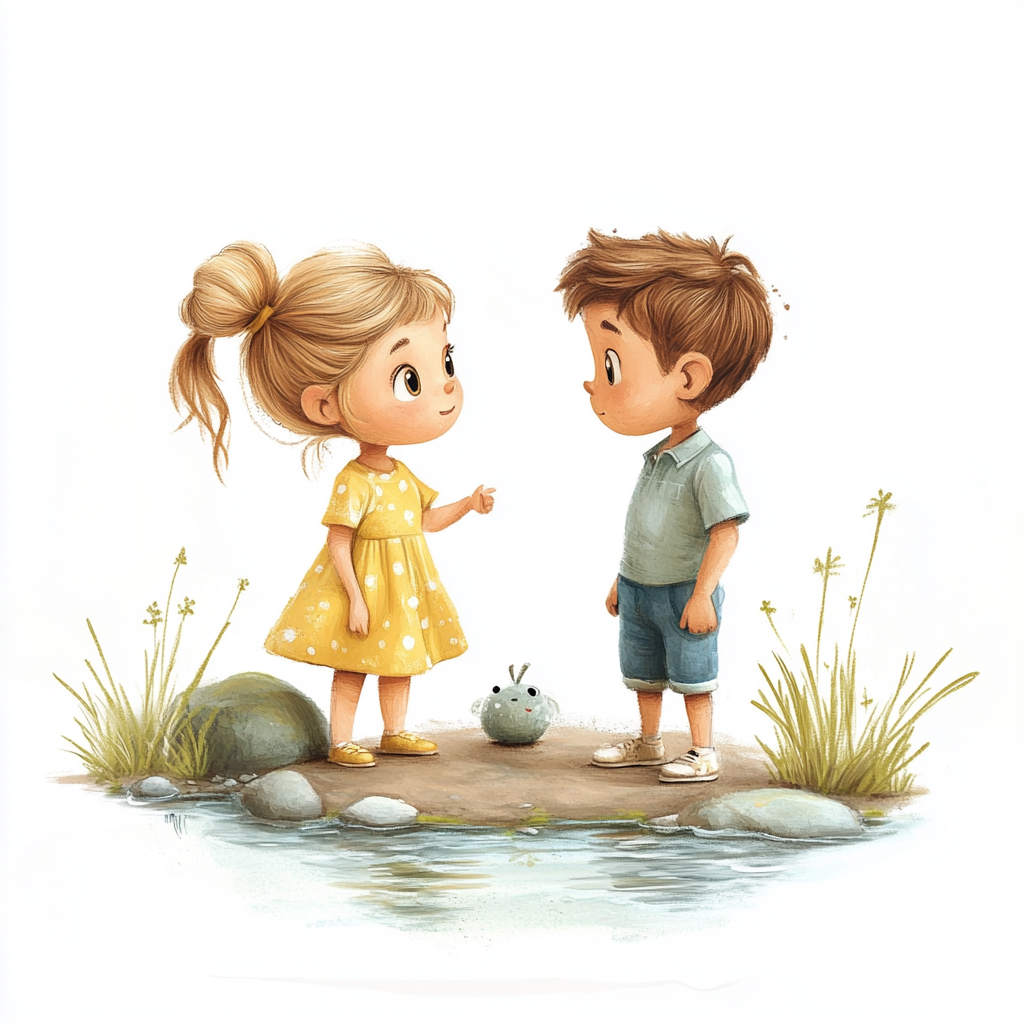 Kids talking by river in cartoony spring setting 