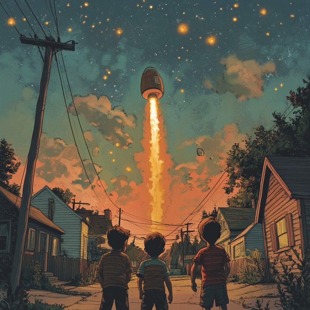 Kids trade corndog for spaceship, break universe, find home.