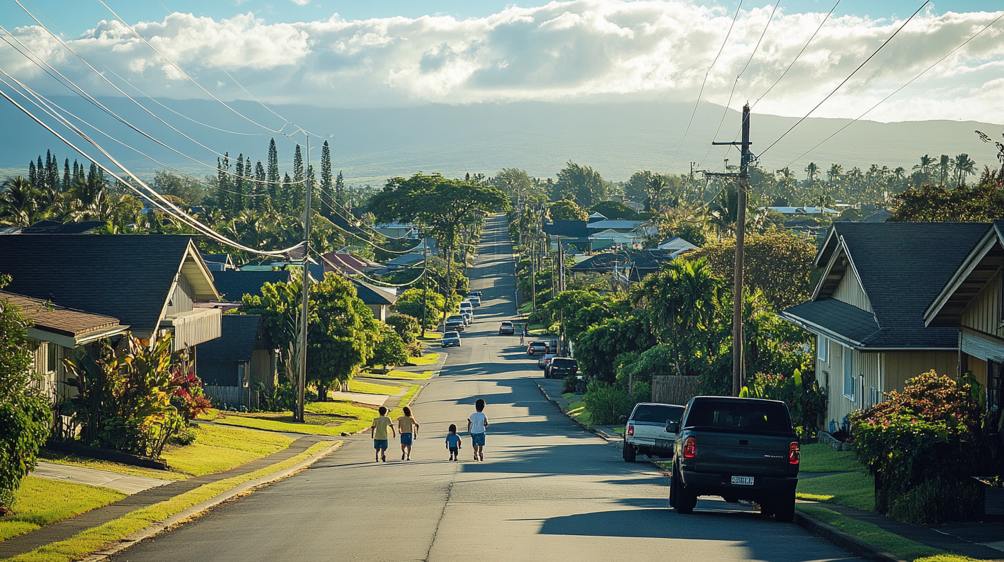 Kids walking home in Hawaiian neighborhood, cinematic perspective