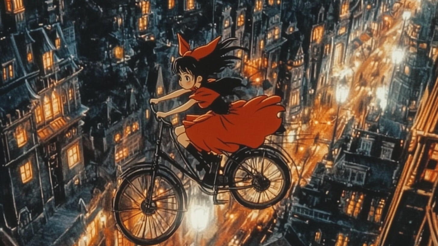 Kiki the Witch looking at city night background.