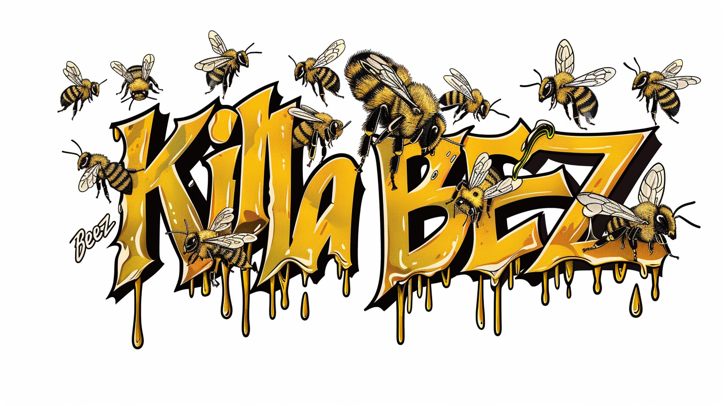 Killer bees hidden within samurai font, honey dripping.