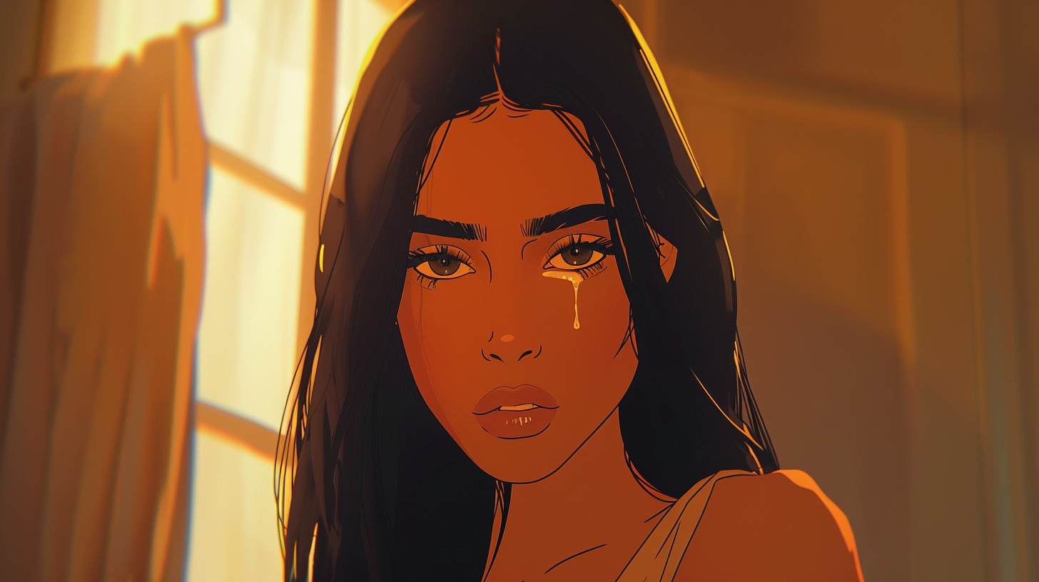 Kim Kardashian anime character recreated in sad pose.