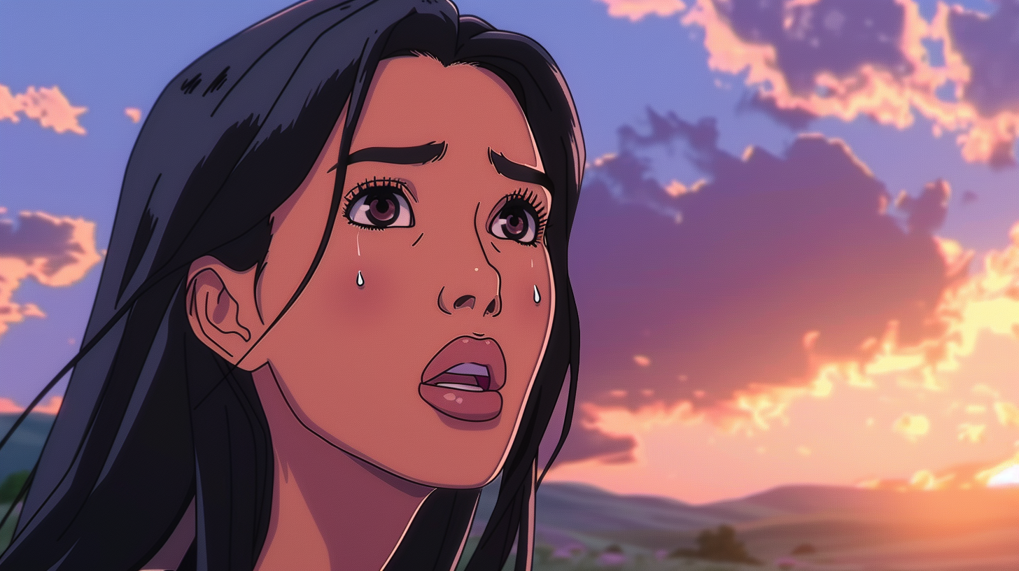 Kim Kardashian anime with sorrowful expression, peaceful background.