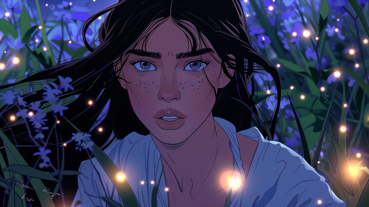 Kim Kardashian as anime character in Studio Ghibli style, upset, tranquil meadow, glowing fireflies, troubled expression.