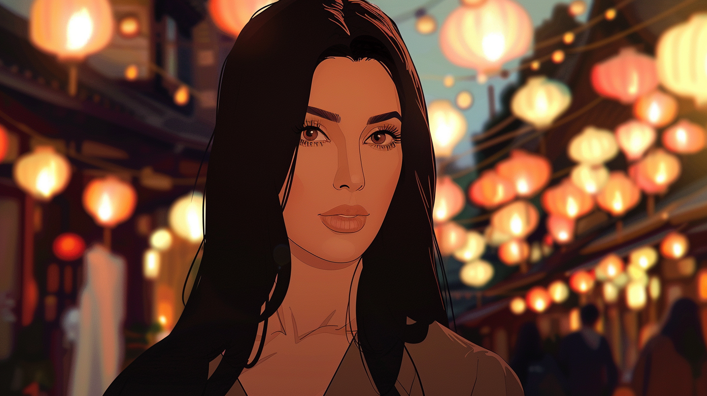 Kim Kardashian as anime character in magical market.