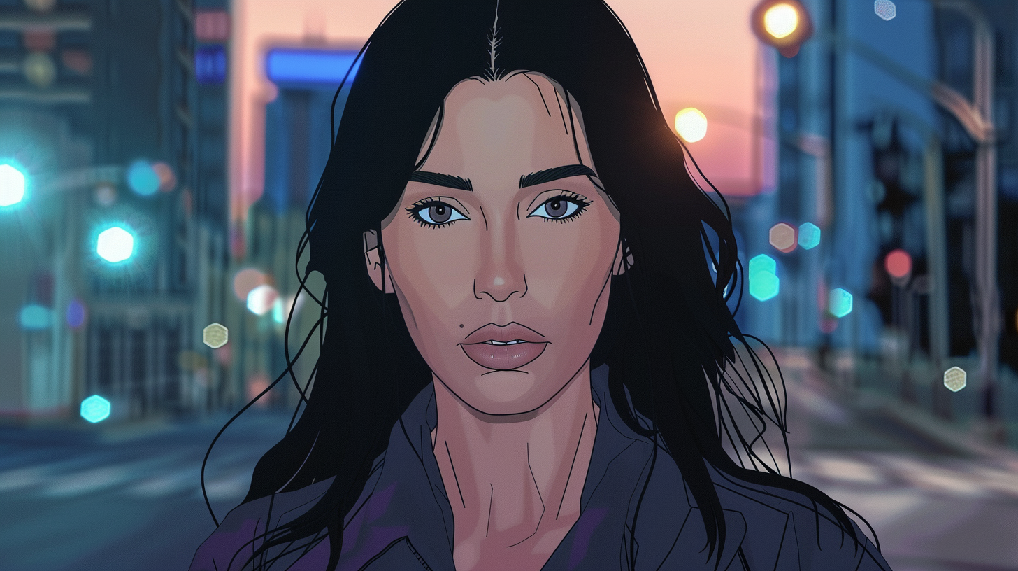 Kim Kardashian as anime character in sad pose.