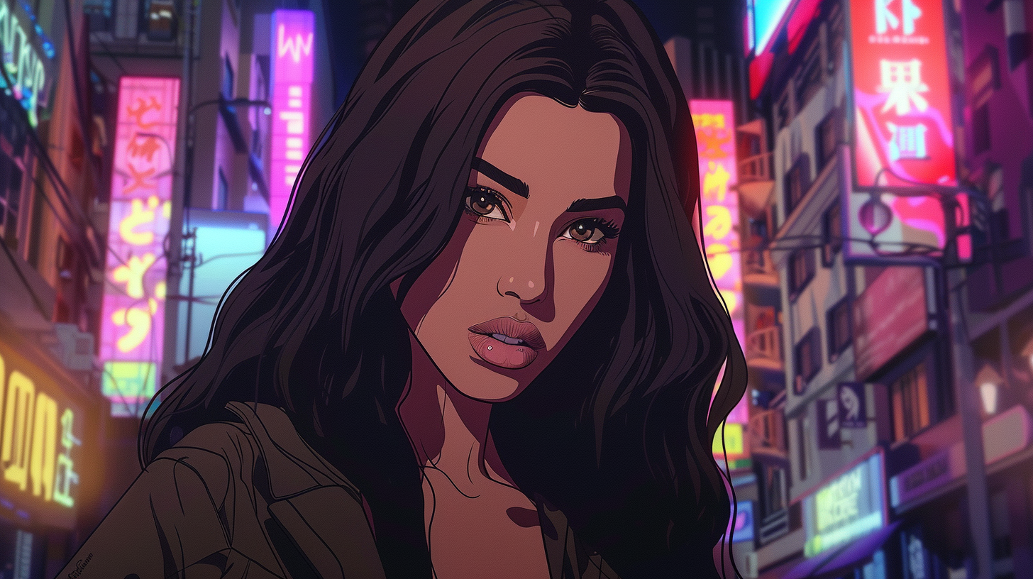 Kim Kardashian depicted as anime character with city backdrop.