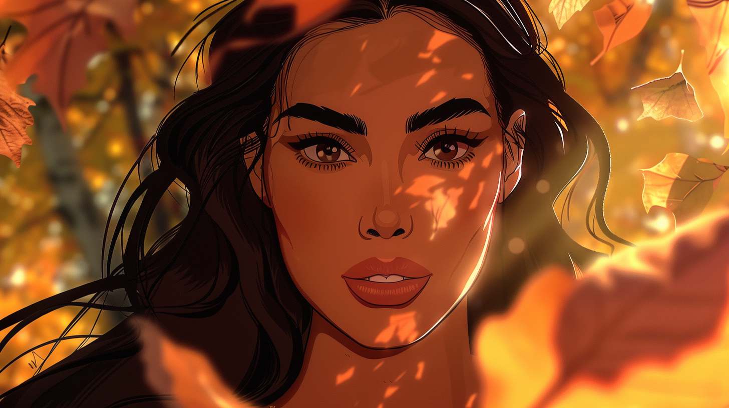 Kim Kardashian in anime portrait with autumn leaves.