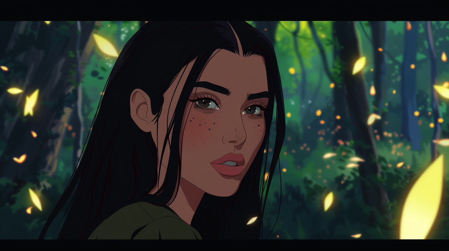 Kim Kardashian in anime style looks sadly enchanted.