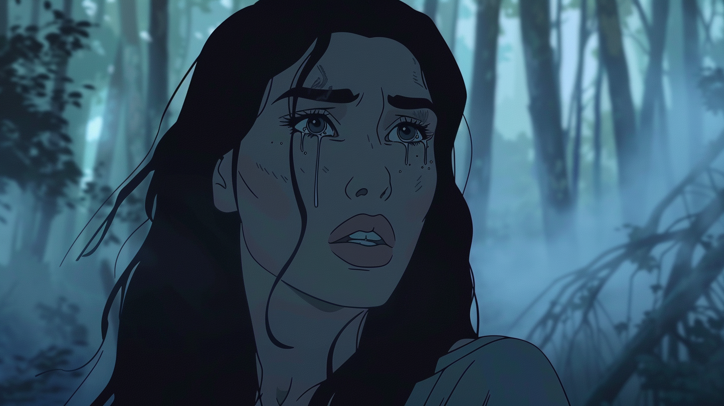 Kim Kardashian upset in Studio Ghibli style animation.