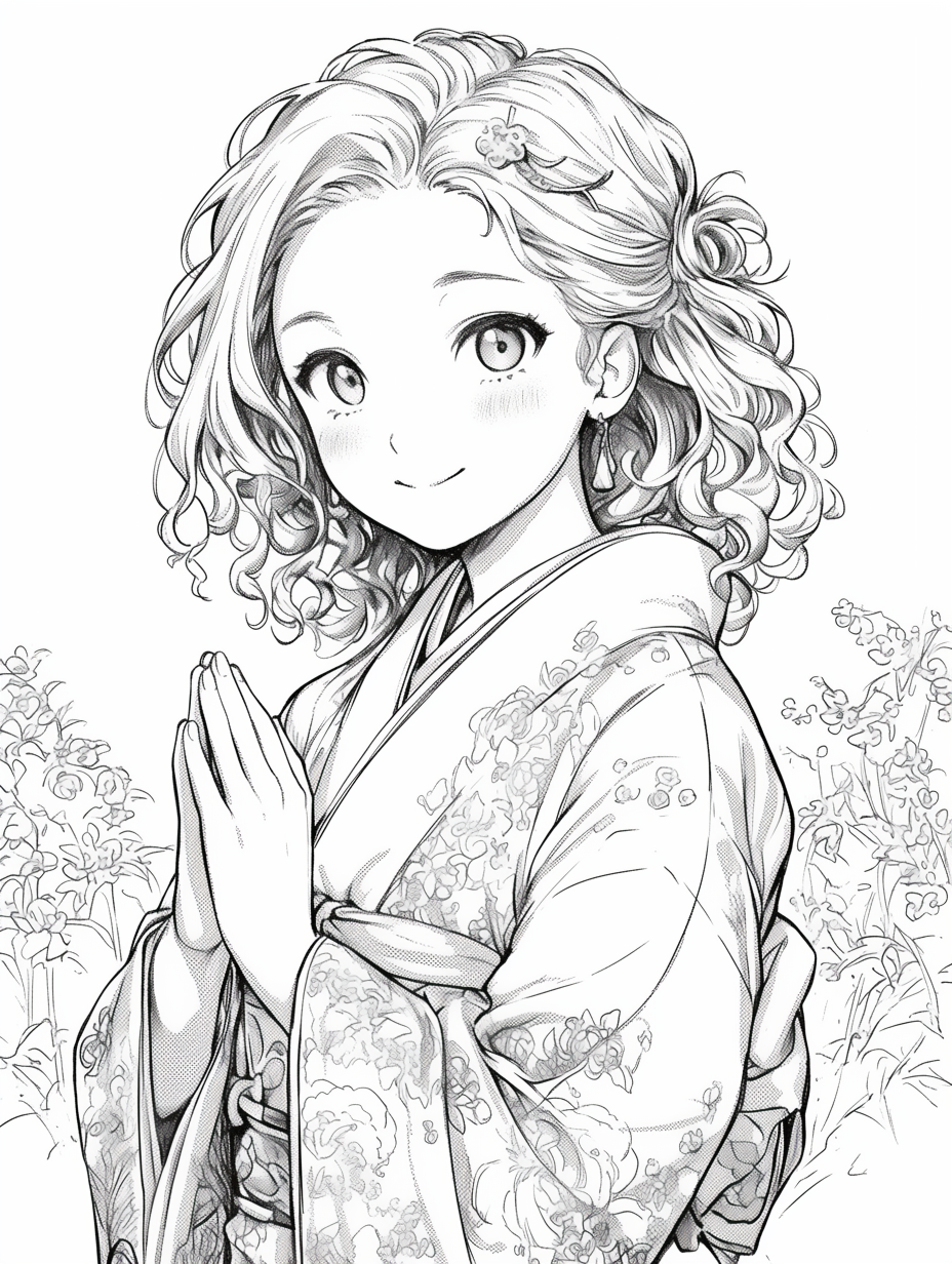 Kimono girl in coloring book, smiling at mountain shrine.