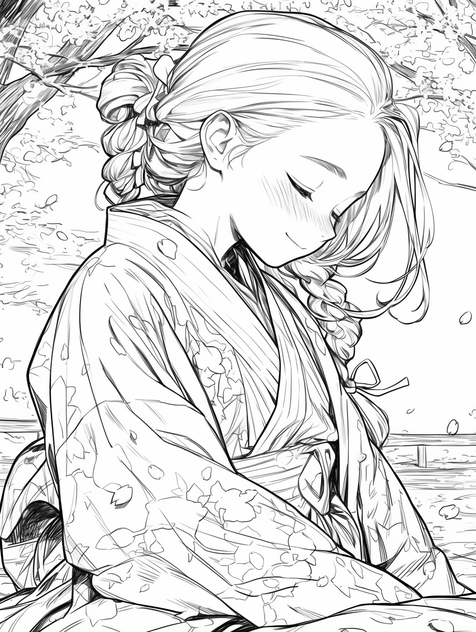 Kimono girl in coloring book with cherry blossoms.