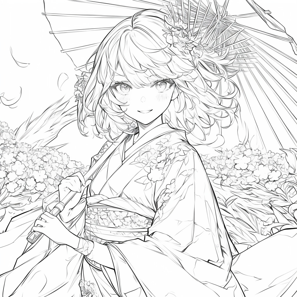 Kimono girl smiling, simple coloring book design, clear lines.