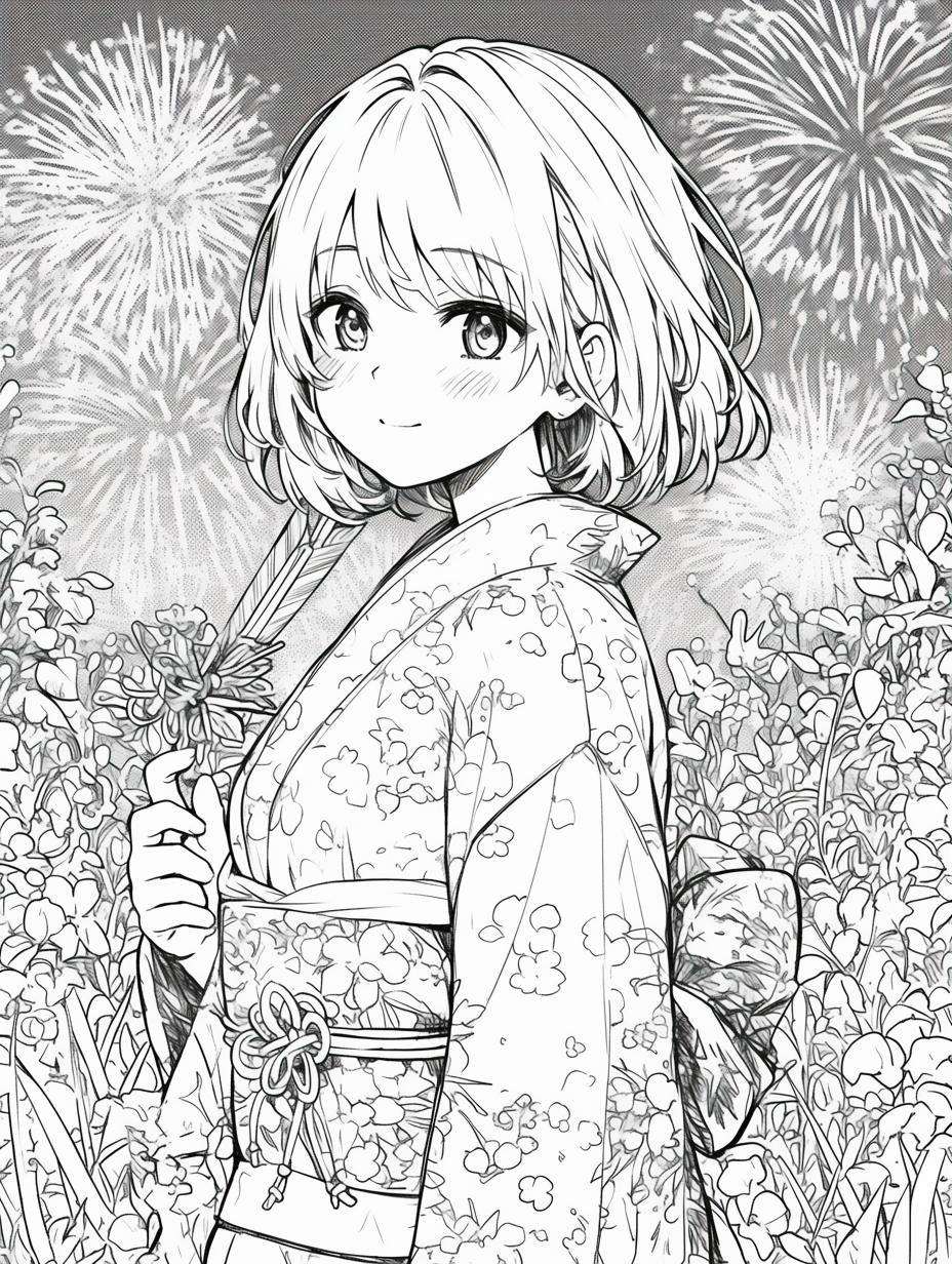 Kimono girl smiling and watching fireworks at night.