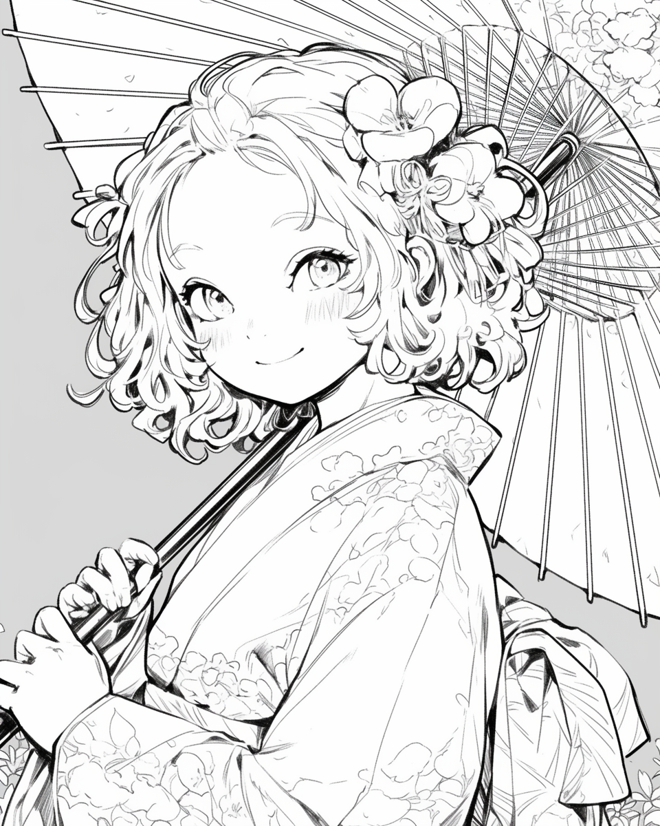 Kimono girl smiling by serene lakeside with parasol.