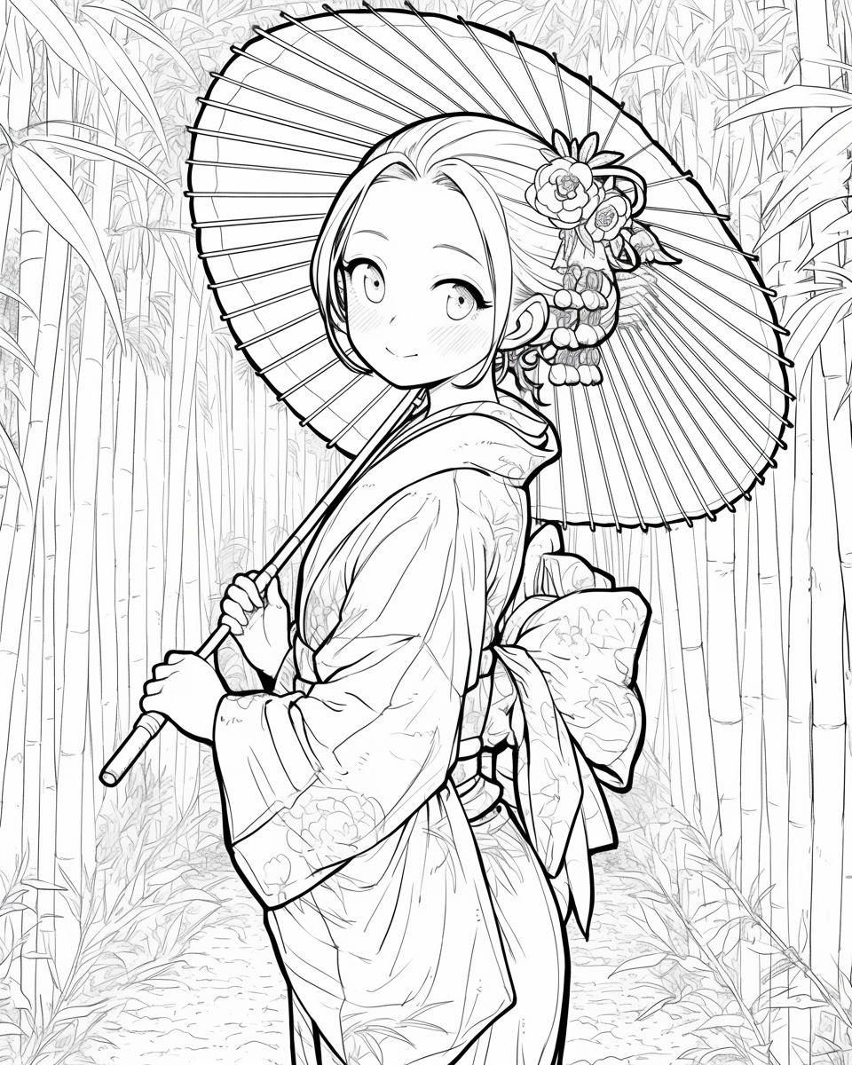 Kimono girl smiling in bamboo forest, rear view drawing.