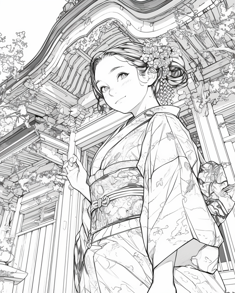 Kimono girl smiling in coloring book illustration.