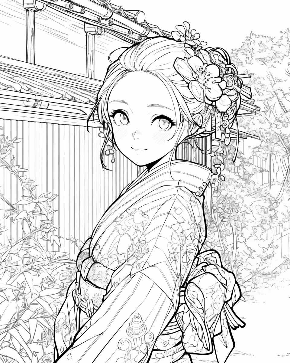 Kimono girl smiling in coloring book with thick lines.